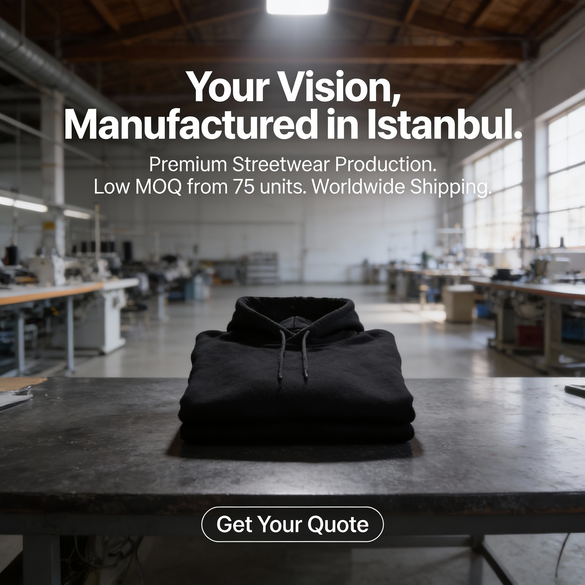 High-volume production line with sewing machines manufacturing custom clothing